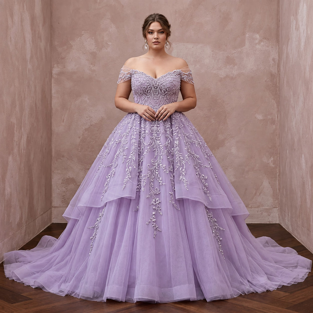Plus Size Lilac Purple Tulle Embellished Ball Gown
