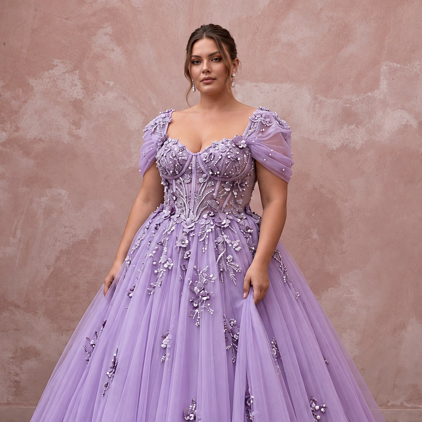 Plus Size Lilac Purple Tulle Embellished Ball Gown