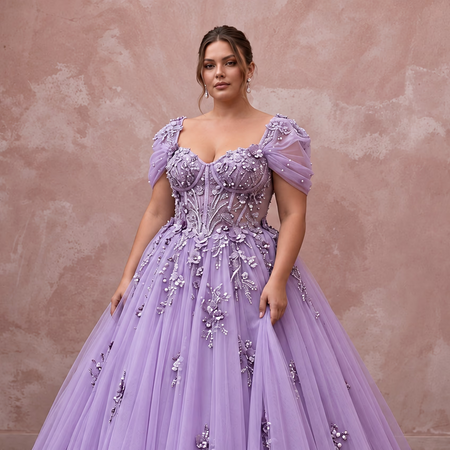 Plus Size Lilac Purple Tulle Embellished Ball Gown
