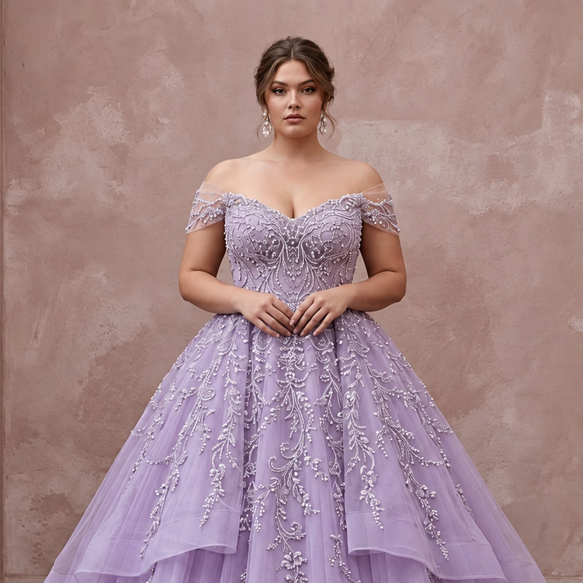 Plus Size Lilac Purple Tulle Embellished Ball Gown