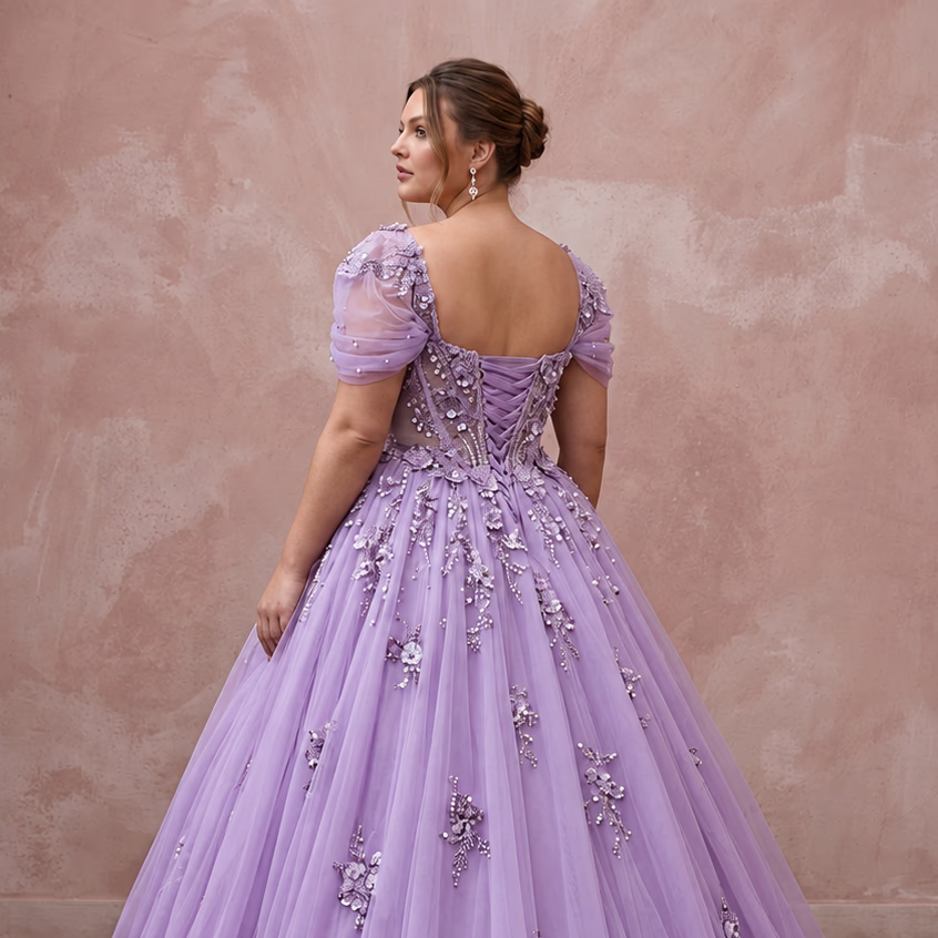 Plus Size Lilac Purple Tulle Embellished Ball Gown
