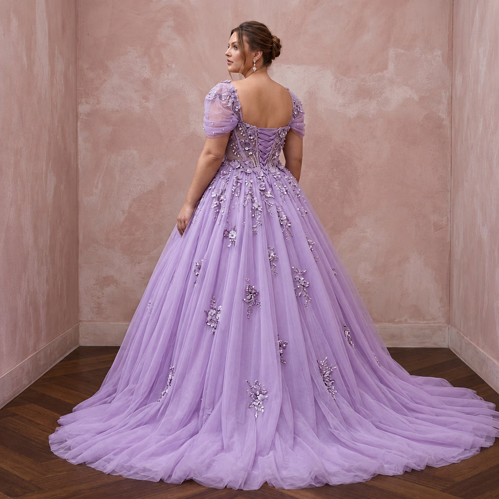 Plus Size Lilac Purple Tulle Embellished Ball Gown