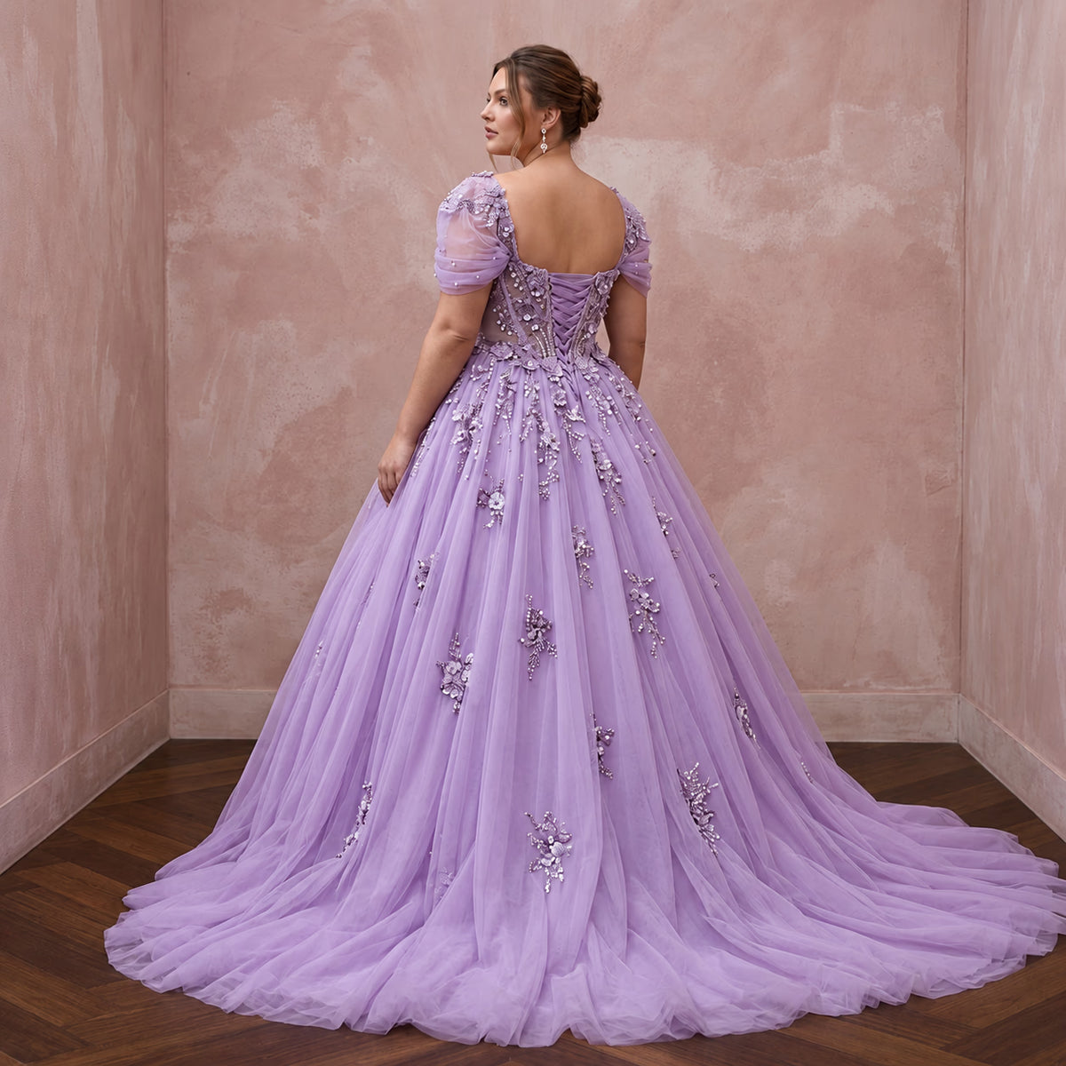 Plus Size Lilac Purple Tulle Embellished Ball Gown