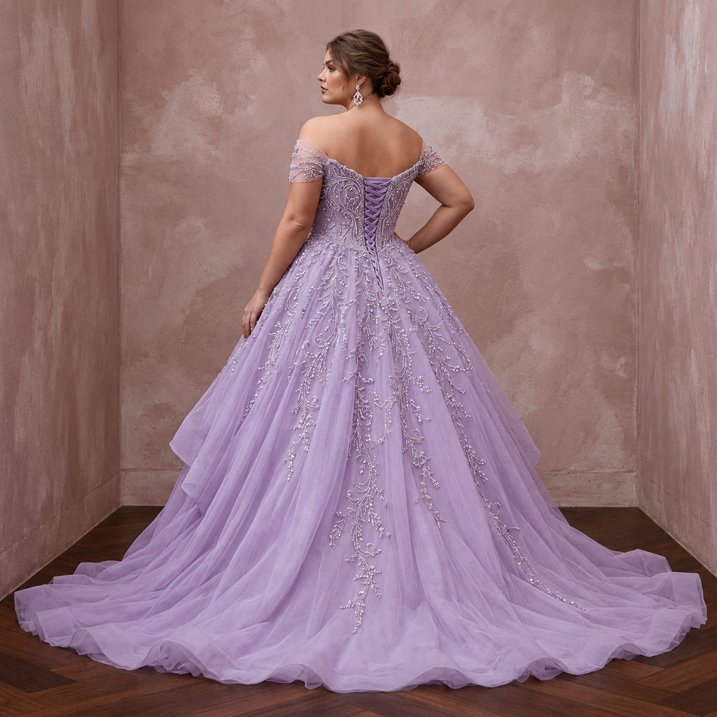 Plus Size Lilac Purple Tulle Embellished Ball Gown