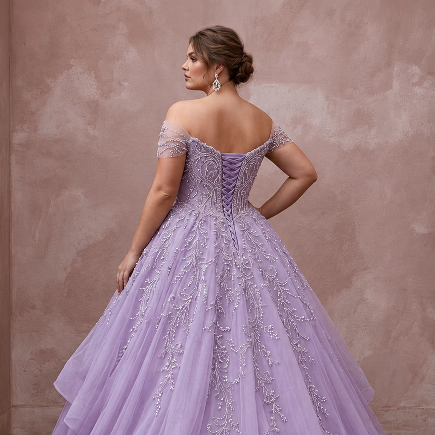 Plus Size Lilac Purple Tulle Embellished Ball Gown