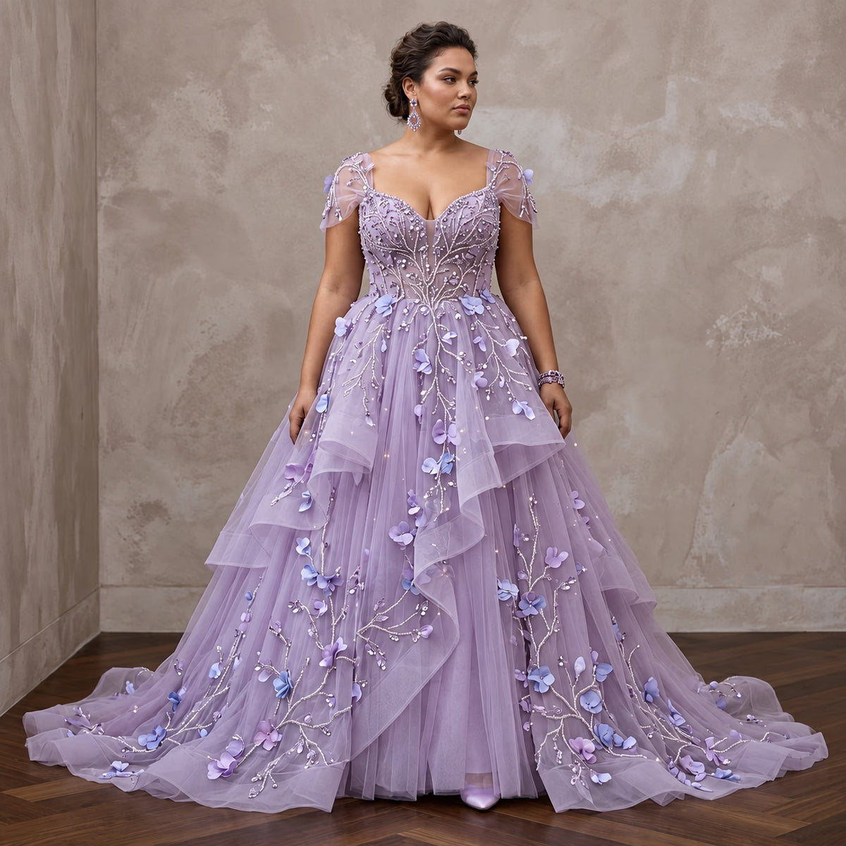 Plus Size Lilac Purple Tulle Embellished Ball Gown for Spring Gala