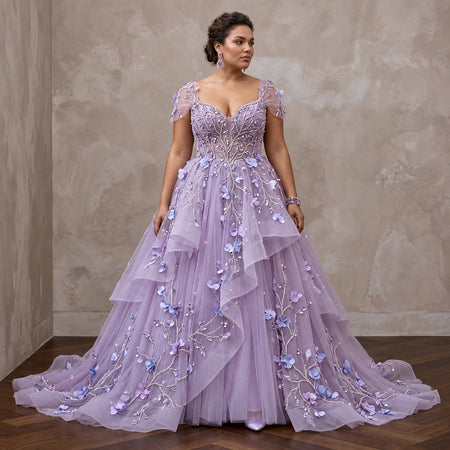 Plus Size Lilac Purple Tulle Embellished Ball Gown for Spring Gala