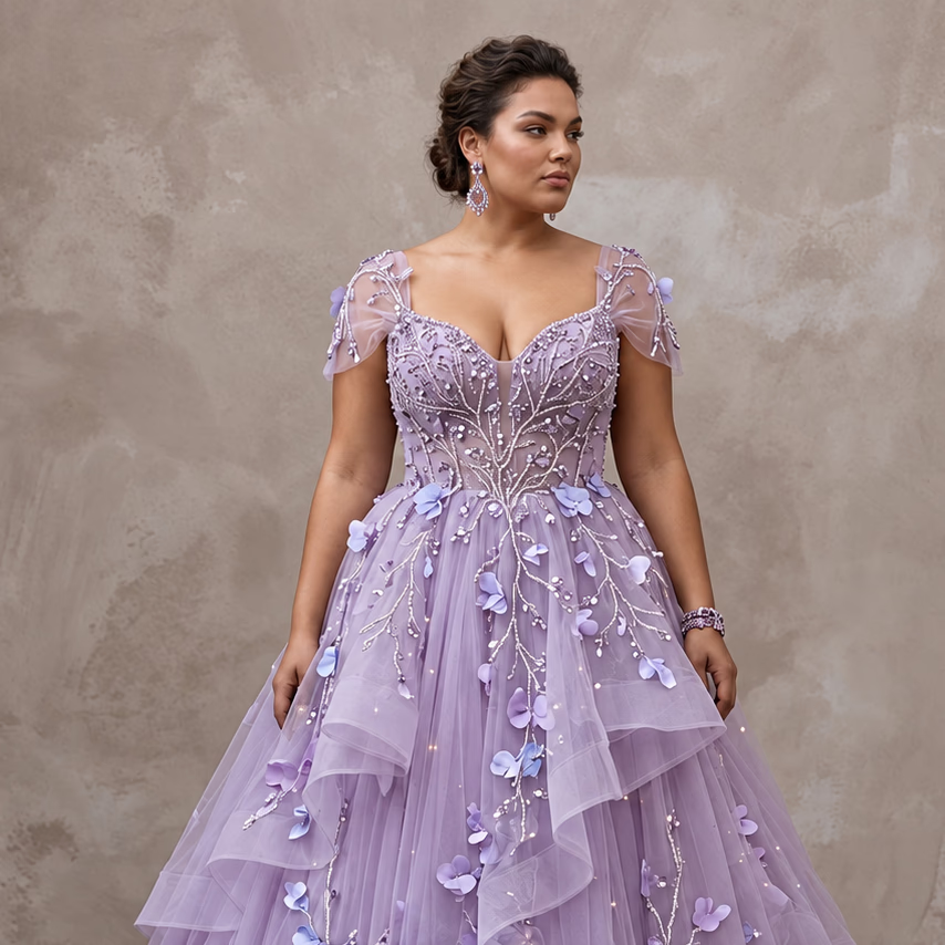 Plus Size Lilac Purple Tulle Embellished Ball Gown for Spring Gala