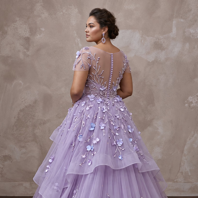 Plus Size Lilac Purple Tulle Embellished Ball Gown for Spring Gala