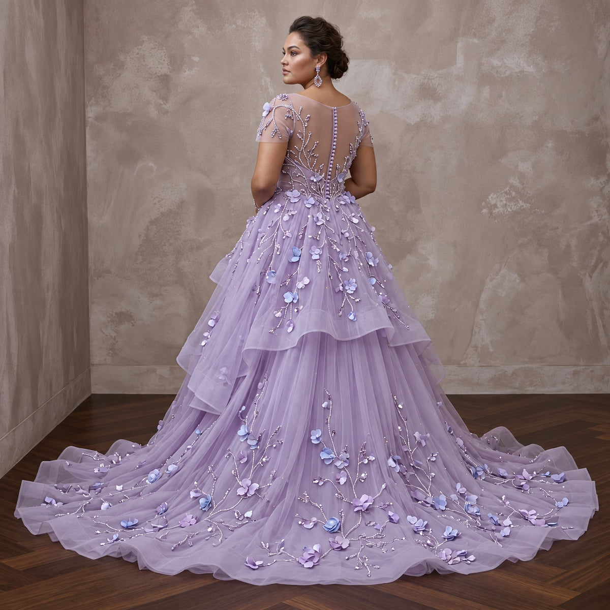 Plus Size Lilac Purple Tulle Embellished Ball Gown for Spring Gala
