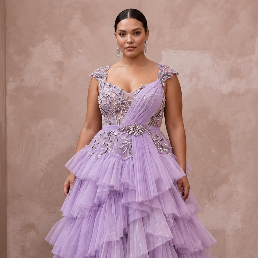 Plus Size Lilac Purple Tulle Ruffled A-Line Ball Gown for Spring Gala