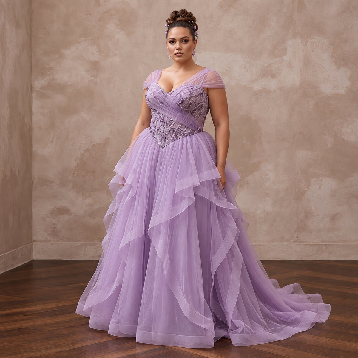 Plus Size Lilac Purple Tulle Ruffled A-Line Ball Gown for Spring Gala
