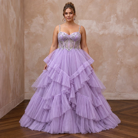 Plus Size Lilac Purple Tulle Ruffled A-Line Ball Gown for Spring Gala