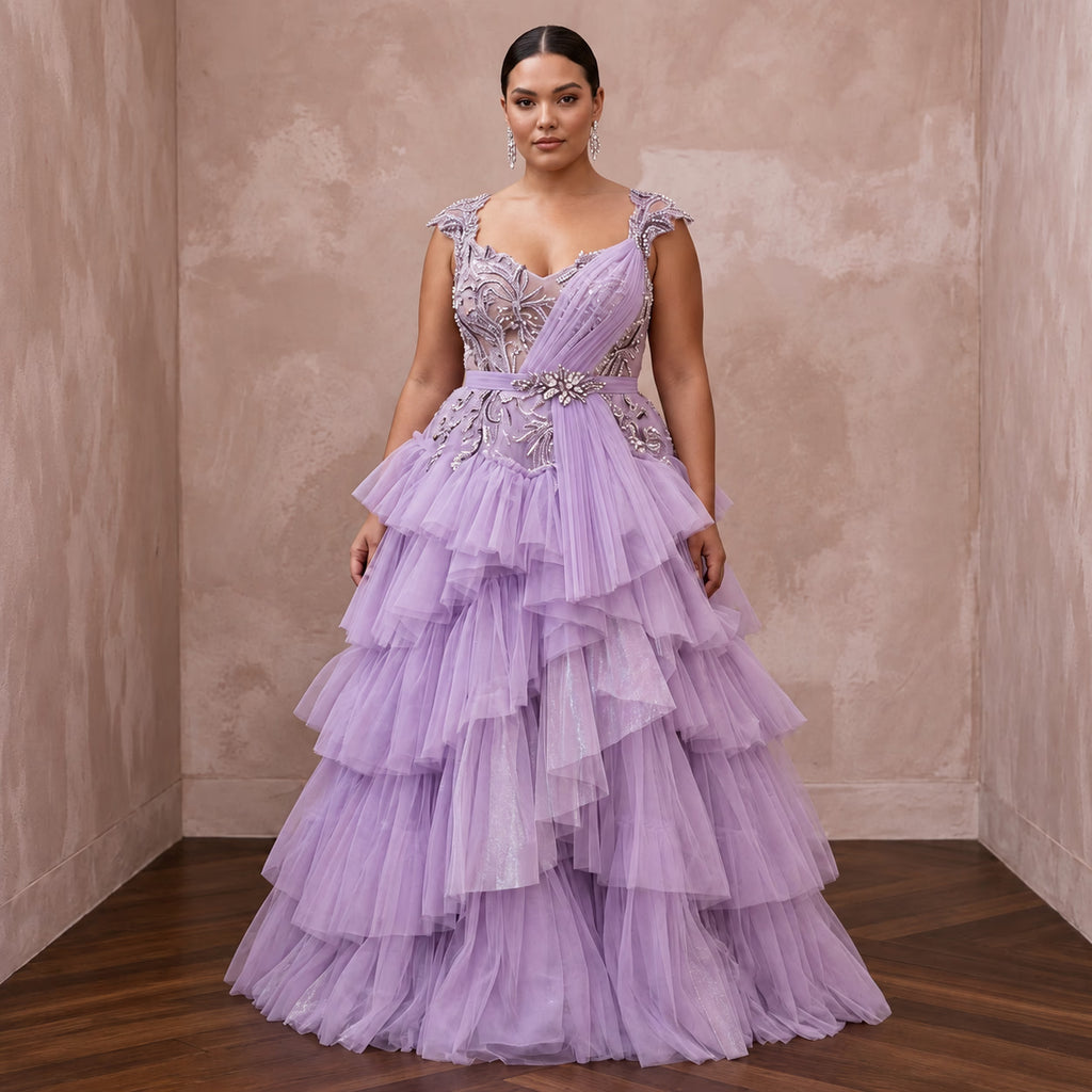 Plus Size Lilac Purple Tulle Ruffled A-Line Ball Gown for Spring Gala