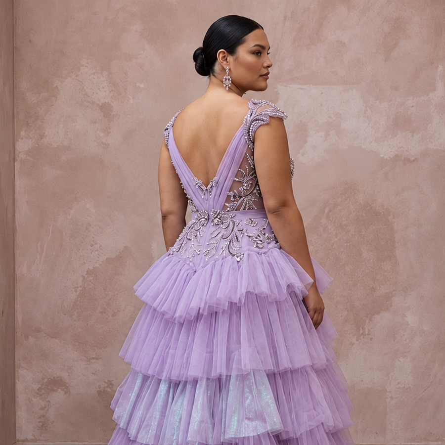 Plus Size Lilac Purple Tulle Ruffled A-Line Ball Gown for Spring Gala