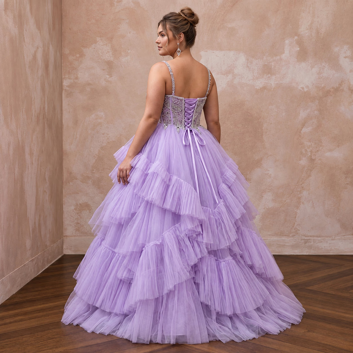 Plus Size Lilac Purple Tulle Ruffled A-Line Ball Gown for Spring Gala
