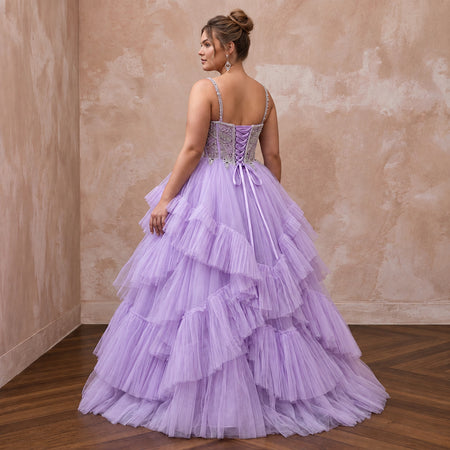 Plus Size Lilac Purple Tulle Ruffled A-Line Ball Gown for Spring Gala