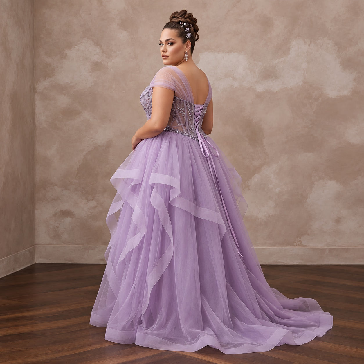 Plus Size Lilac Purple Tulle Ruffled A-Line Ball Gown for Spring Gala Secondary image