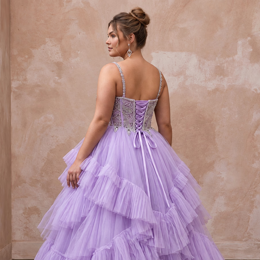 Plus Size Lilac Purple Tulle Ruffled A-Line Ball Gown for Spring Gala