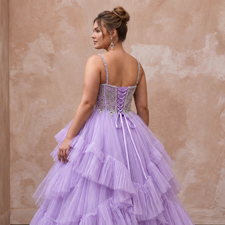 Plus Size Lilac Purple Tulle Ruffled A-Line Ball Gown for Spring Gala