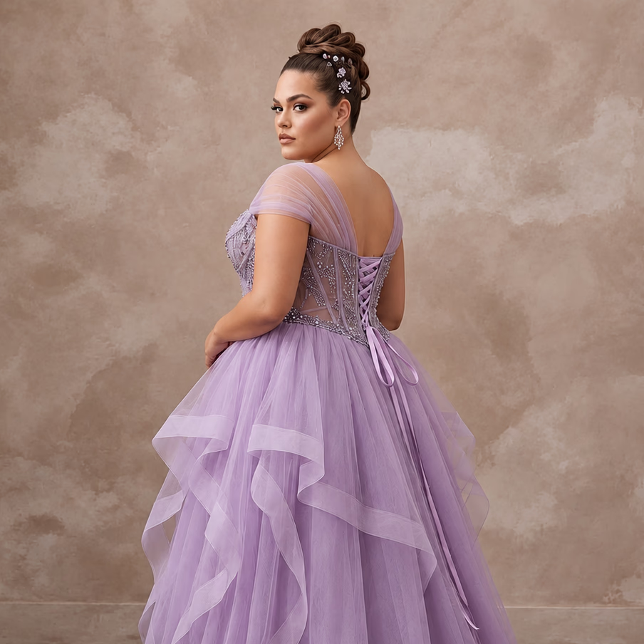 Plus Size Lilac Purple Tulle Ruffled A-Line Ball Gown for Spring Gala