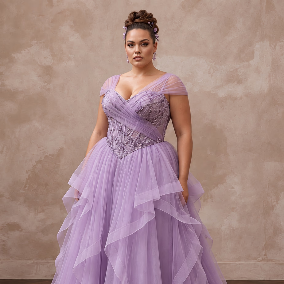 Plus Size Lilac Purple Tulle Ruffled A-Line Ball Gown for Spring Gala