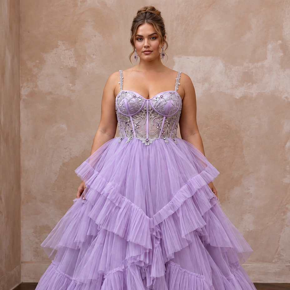 Plus Size Lilac Purple Tulle Ruffled A-Line Ball Gown for Spring Gala