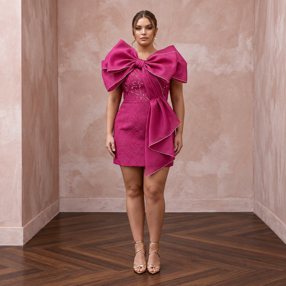 Plus Size Magenta Pink Organza Oversized Bow Mini Dress for Bachelorette - Apparel & Accessories > Clothing > Wedding & Bridal Party Dresses > Wedding Dresses - Mignonette Bridal