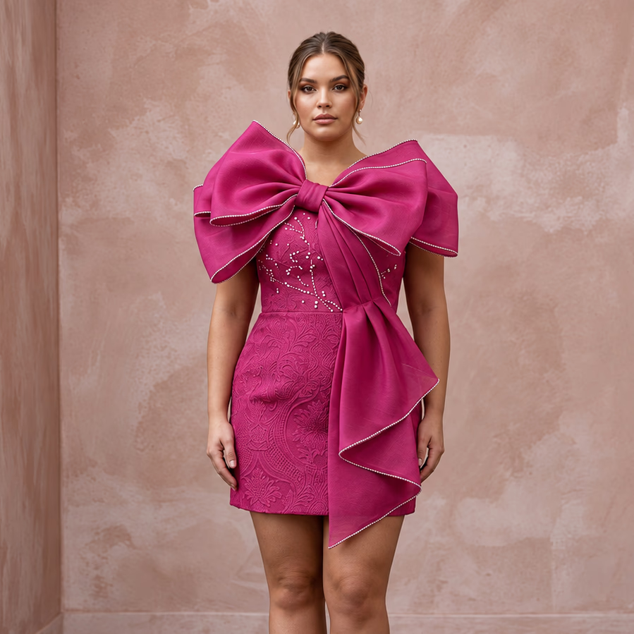 Plus Size Magenta Pink Organza Oversized Bow Mini Dress for Bachelorette - Apparel & Accessories > Clothing > Wedding & Bridal Party Dresses > Wedding Dresses - Mignonette Bridal