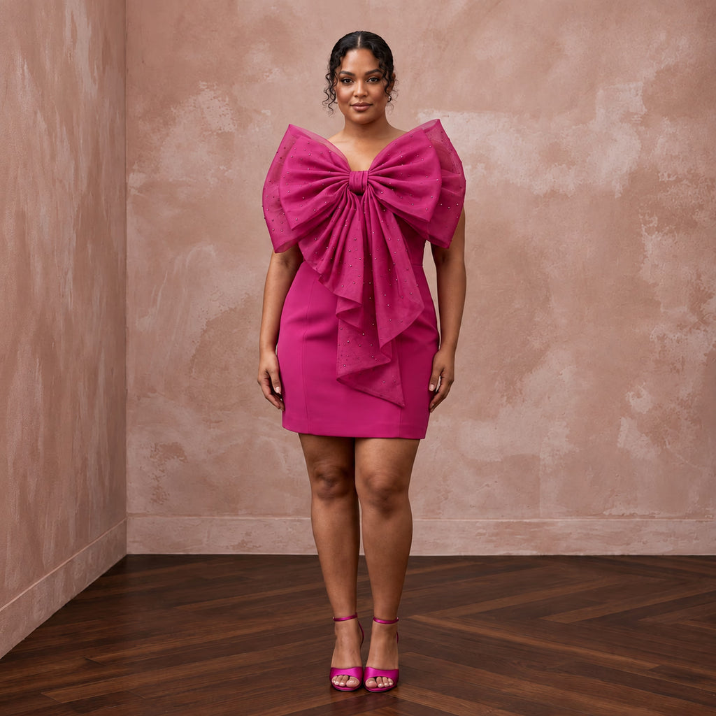 Plus Size Magenta Pink Organza Oversized Bow Mini Party Dress