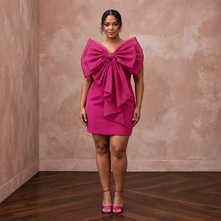 Plus Size Magenta Pink Organza Oversized Bow Mini Party Dress