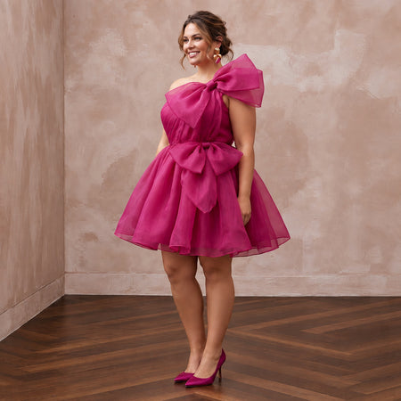 Plus Size Magenta Pink Organza Oversized Bow Mini Party Dress