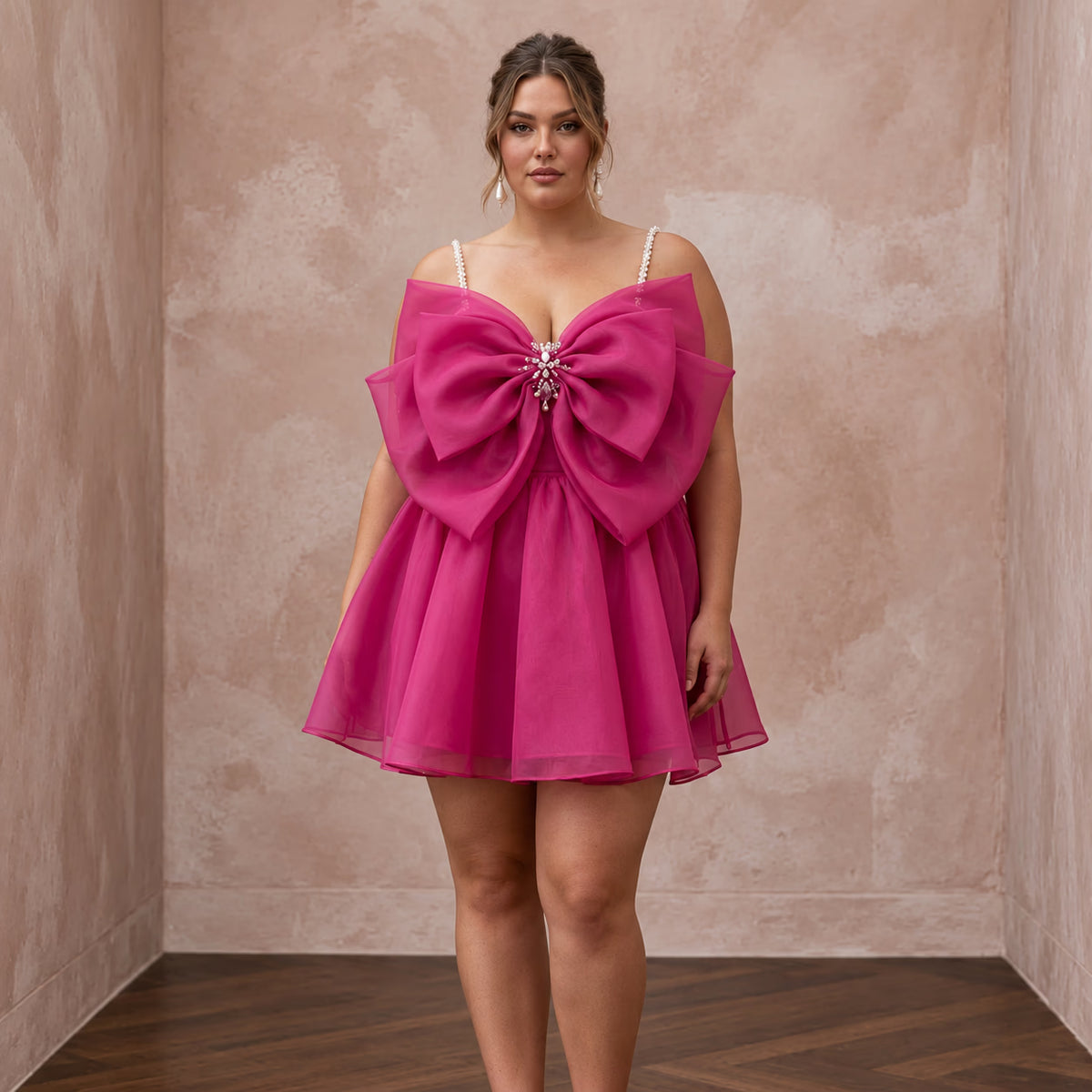 Plus Size Magenta Pink Organza Oversized Bow Mini Party Dress