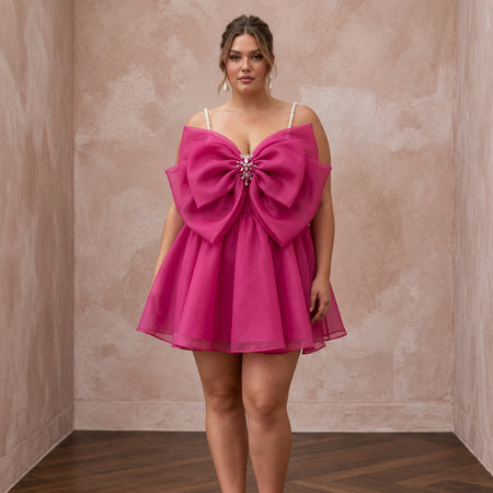 Plus Size Magenta Pink Organza Oversized Bow Mini Party Dress