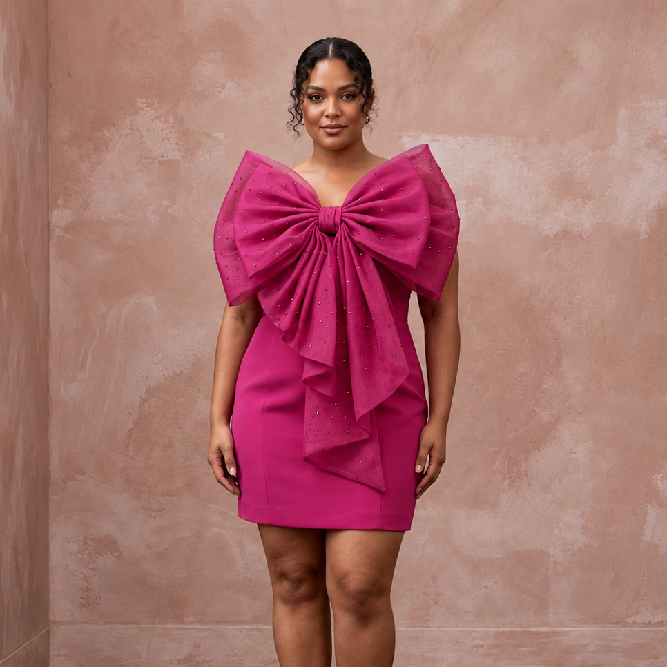 Plus Size Magenta Pink Organza Oversized Bow Mini Party Dress