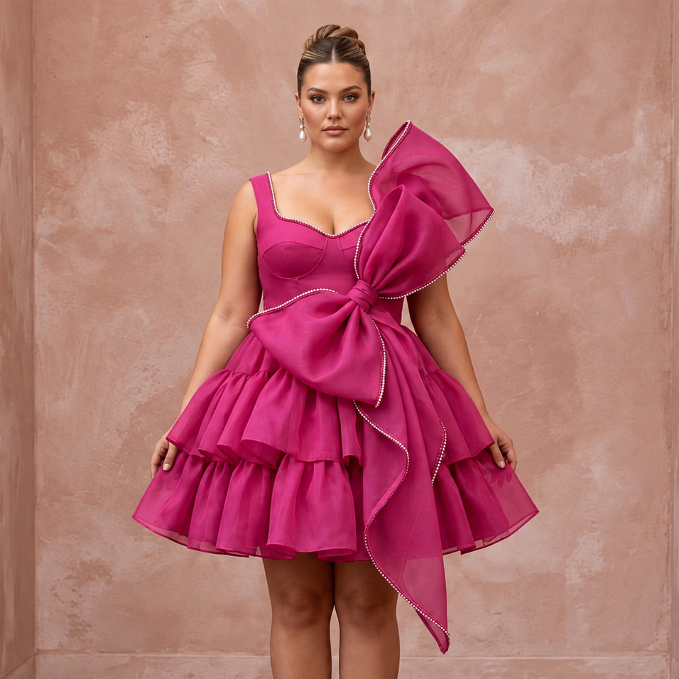 Plus Size Magenta Pink Organza Oversized Bow Mini Party Dress - Apparel & Accessories > Clothing > Wedding & Bridal Party Dresses > Wedding Dresses - Mignonette Bridal
