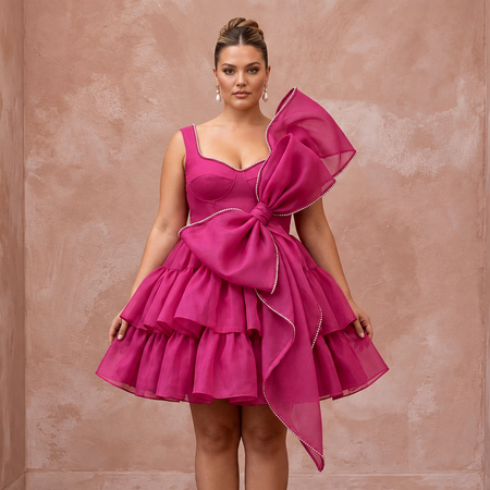 Plus Size Magenta Pink Organza Oversized Bow Mini Party Dress - Apparel & Accessories > Clothing > Wedding & Bridal Party Dresses > Wedding Dresses - Mignonette Bridal