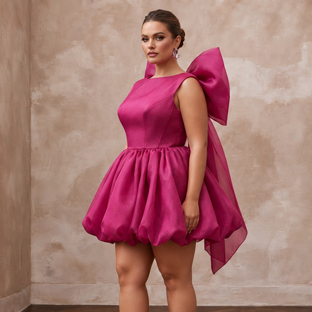 Plus Size Magenta Pink Organza Oversized Bow Mini Party Dress