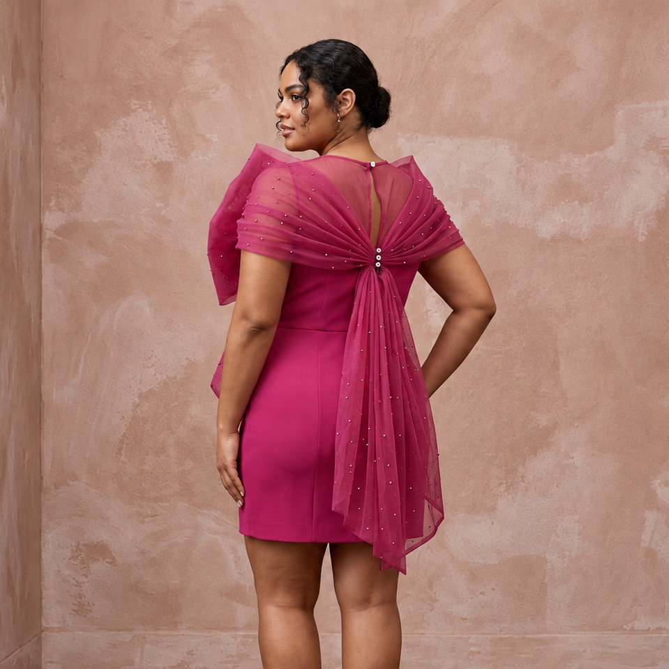 Plus Size Magenta Pink Organza Oversized Bow Mini Party Dress