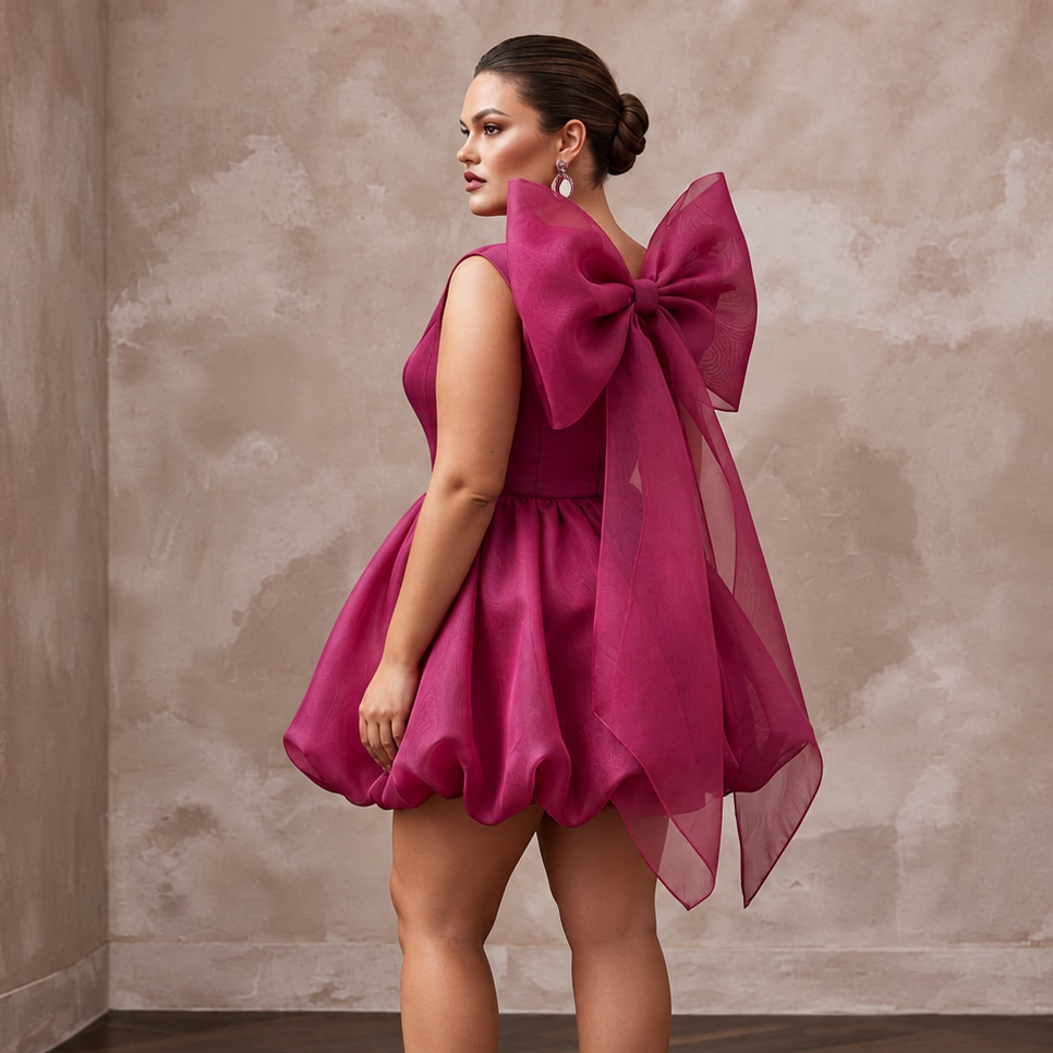 Plus Size Magenta Pink Organza Oversized Bow Mini Party Dress
