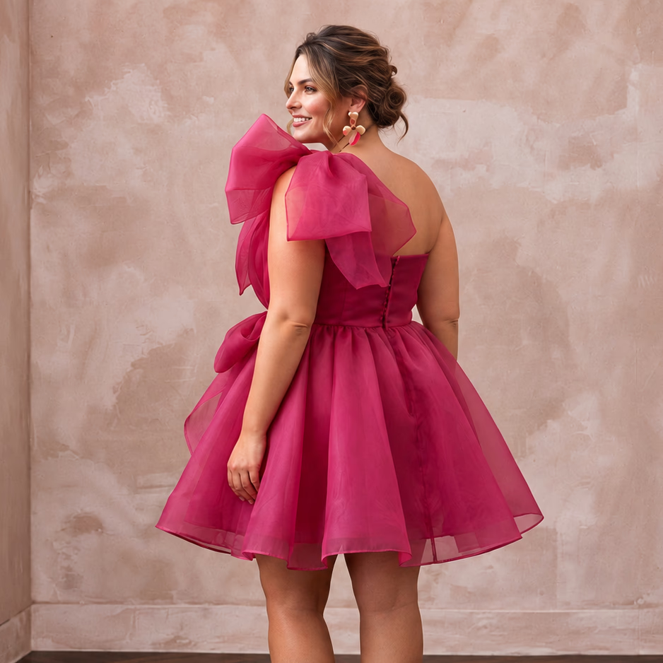 Plus Size Magenta Pink Organza Oversized Bow Mini Party Dress
