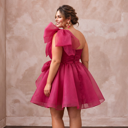 Plus Size Magenta Pink Organza Oversized Bow Mini Party Dress