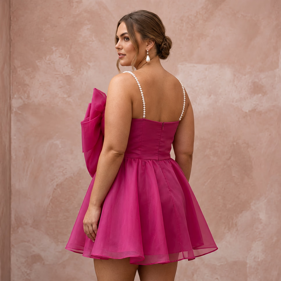 Plus Size Magenta Pink Organza Oversized Bow Mini Party Dress