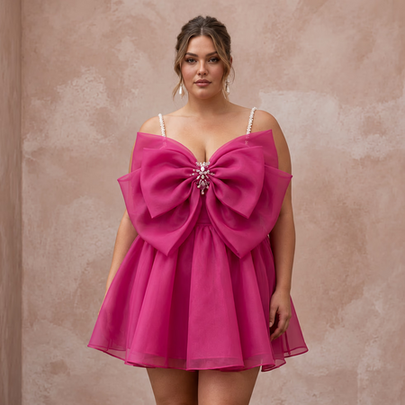 Plus Size Magenta Pink Organza Oversized Bow Mini Party Dress