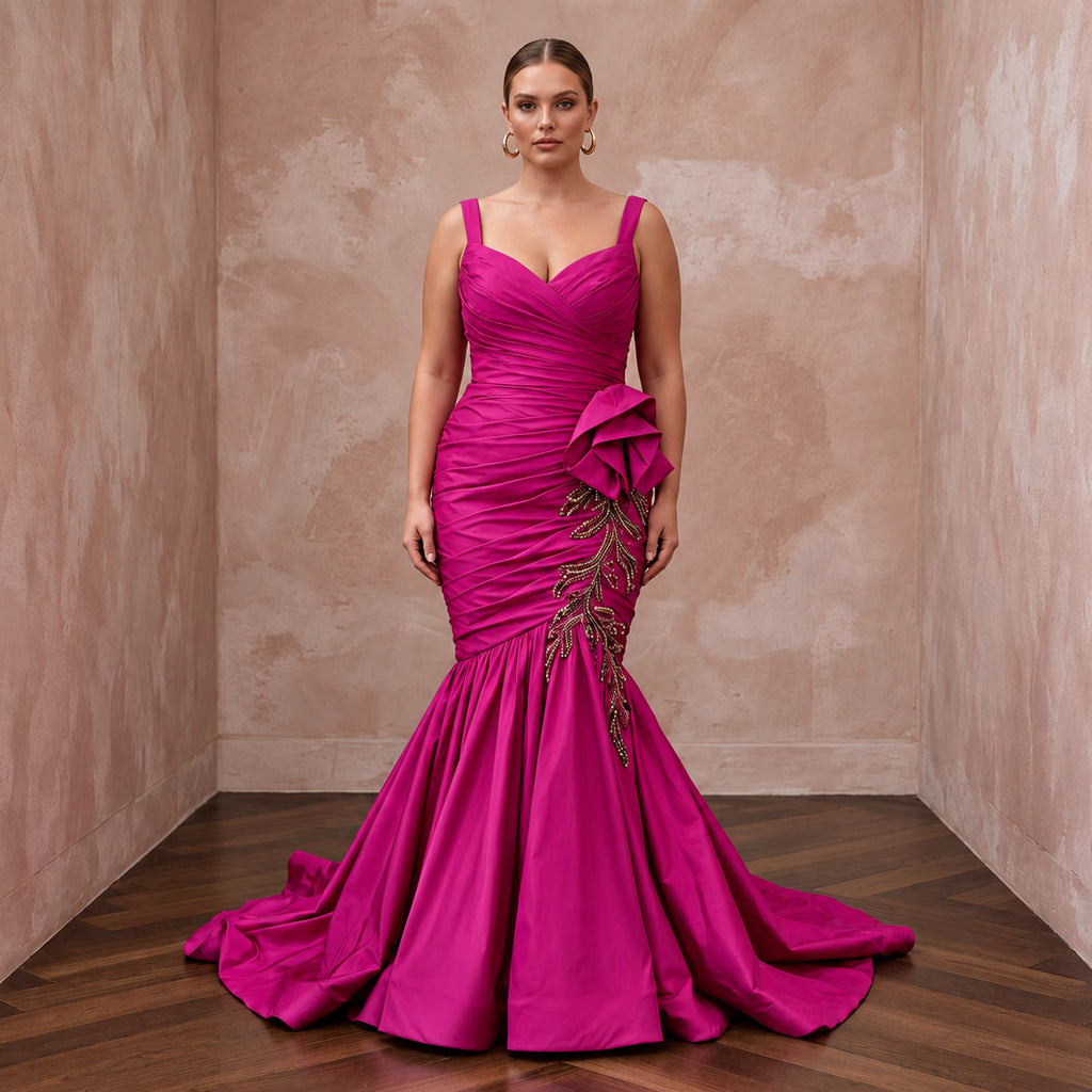 Plus Size Magenta Pink Taffeta Ruched Bodice Mermaid Evening Gown