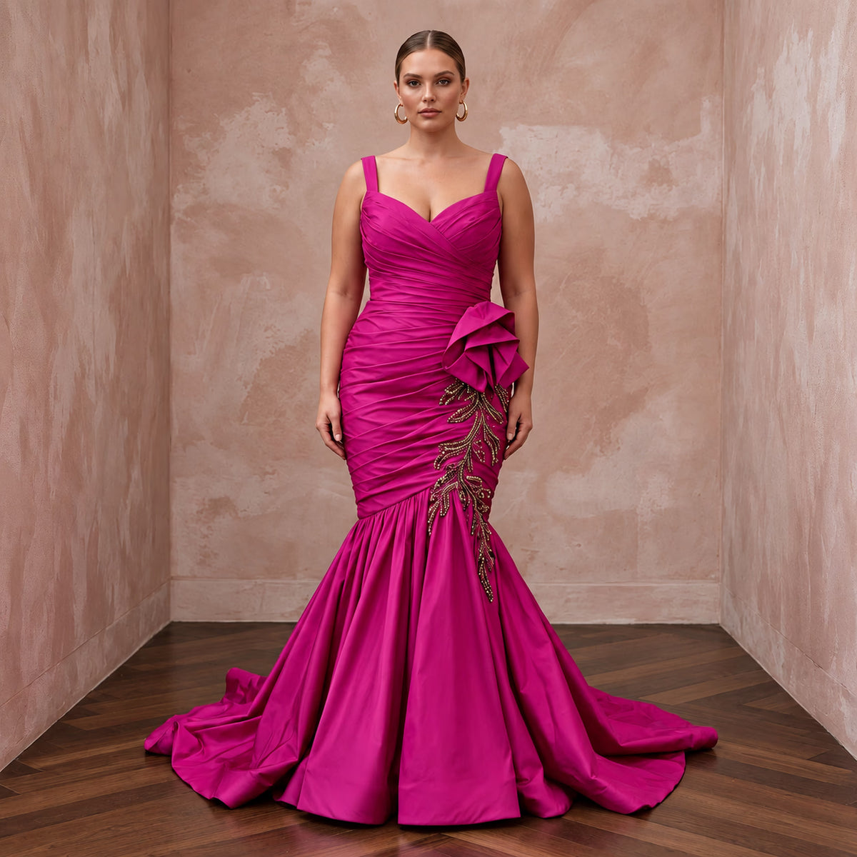 Plus Size Magenta Pink Taffeta Ruched Bodice Mermaid Evening Gown