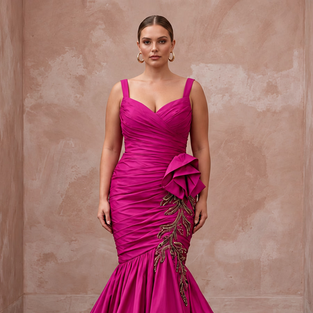 Plus Size Magenta Pink Taffeta Ruched Bodice Mermaid Evening Gown