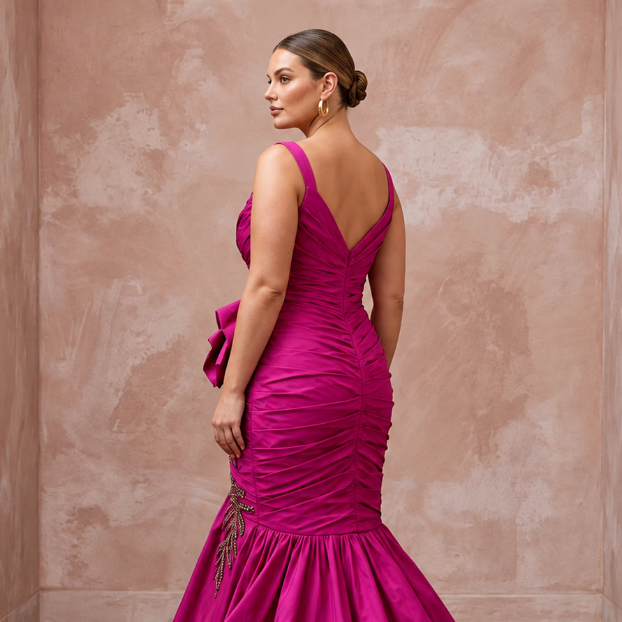 Plus Size Magenta Pink Taffeta Ruched Bodice Mermaid Evening Gown