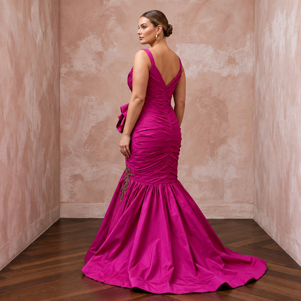 Plus Size Magenta Pink Taffeta Ruched Bodice Mermaid Evening Gown