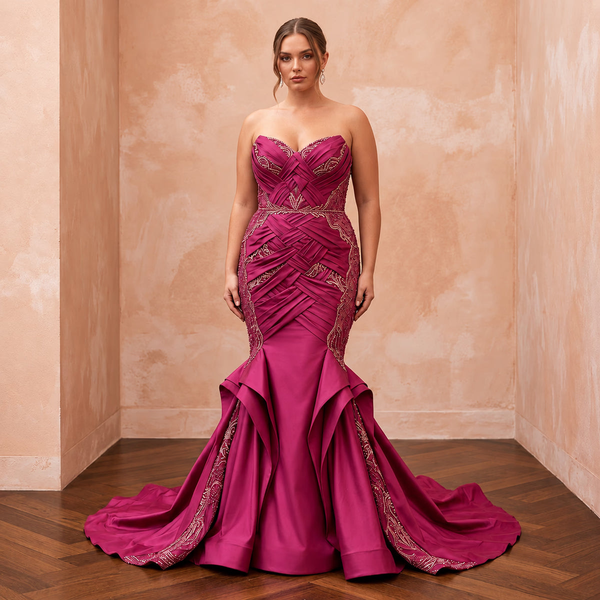 Plus Size Magenta Pink Taffeta Ruched Bodice Mermaid Gown - Apparel & Accessories > Clothing > Wedding & Bridal Party Dresses > Wedding Dresses - Mignonette Bridal Main image